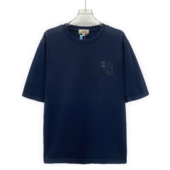 Hermes Deep blue H leather logo embroidered cotton crewneck short-sleeve T-shirt - Picture 1 of 9